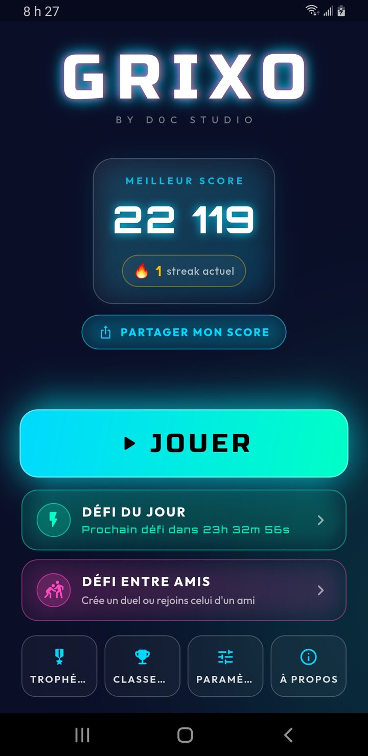 Grixo main menu showing the high score, daily challenge, and the JOUER (play) button